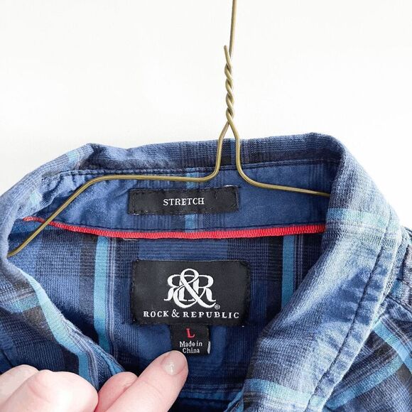 Rock & Republic Mens Stretch Plaid Long Sleeve Button Down Shirt Blue Large - Picture 4 of 8